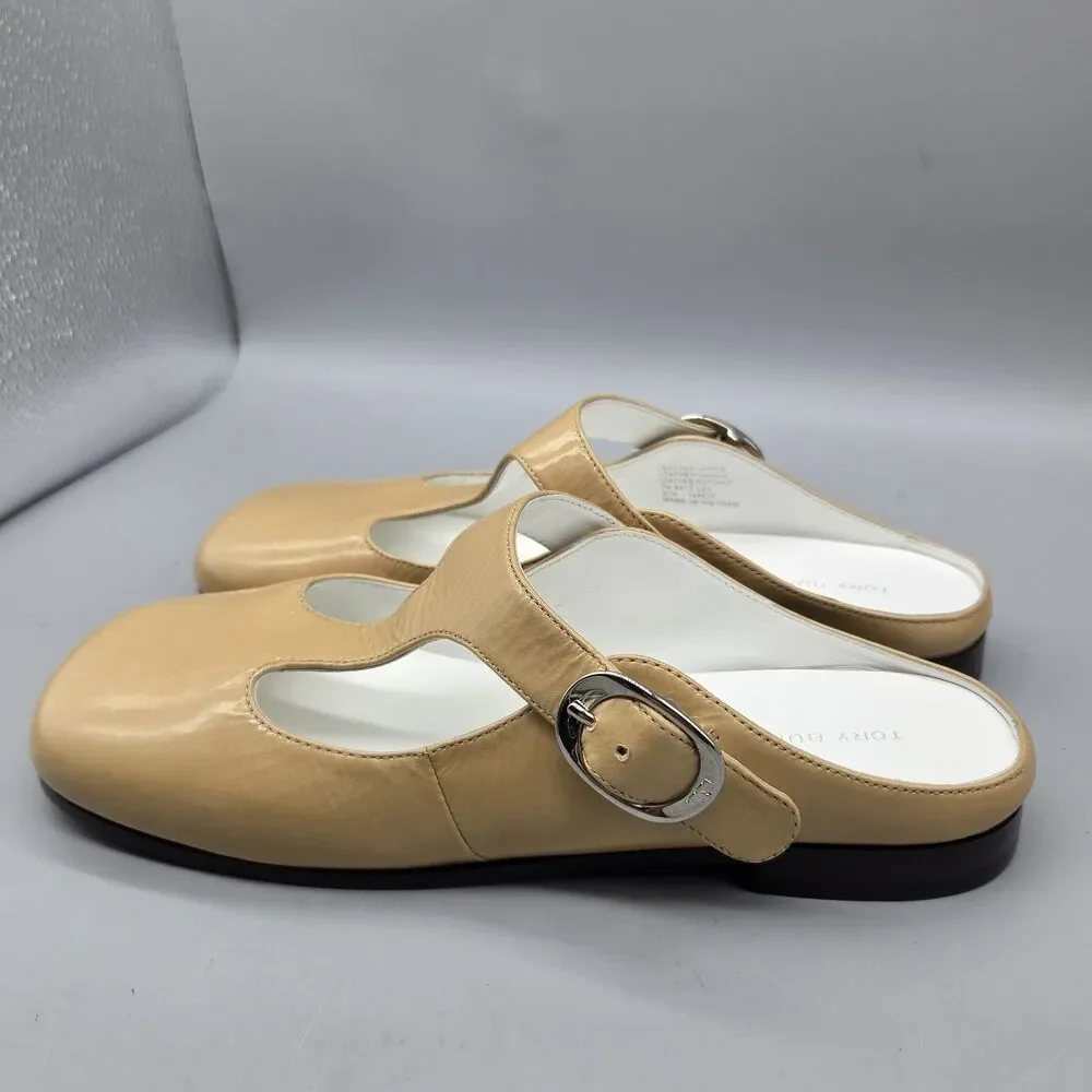 Tory Burch Violet sand patent leather T- Strap Mule slide shoes sz 7 NEW